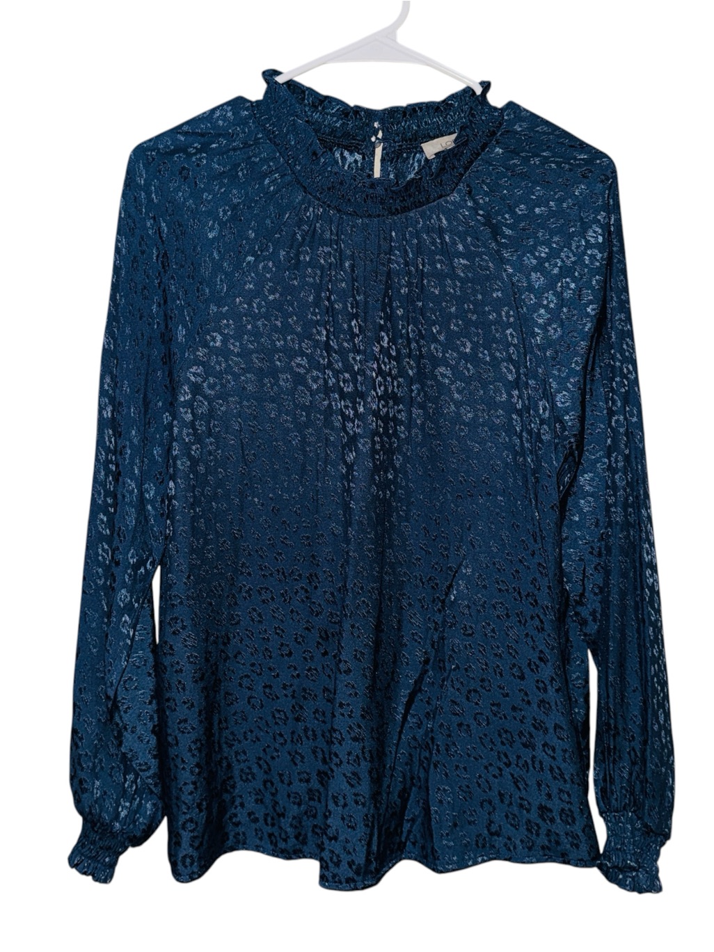 Loft Navy Blue Long-Sleeve Cheetah Print Ruffle Neck Satin Blouse